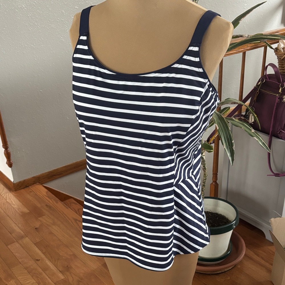 Lands' End Navy and White Striped swim top. Size 12